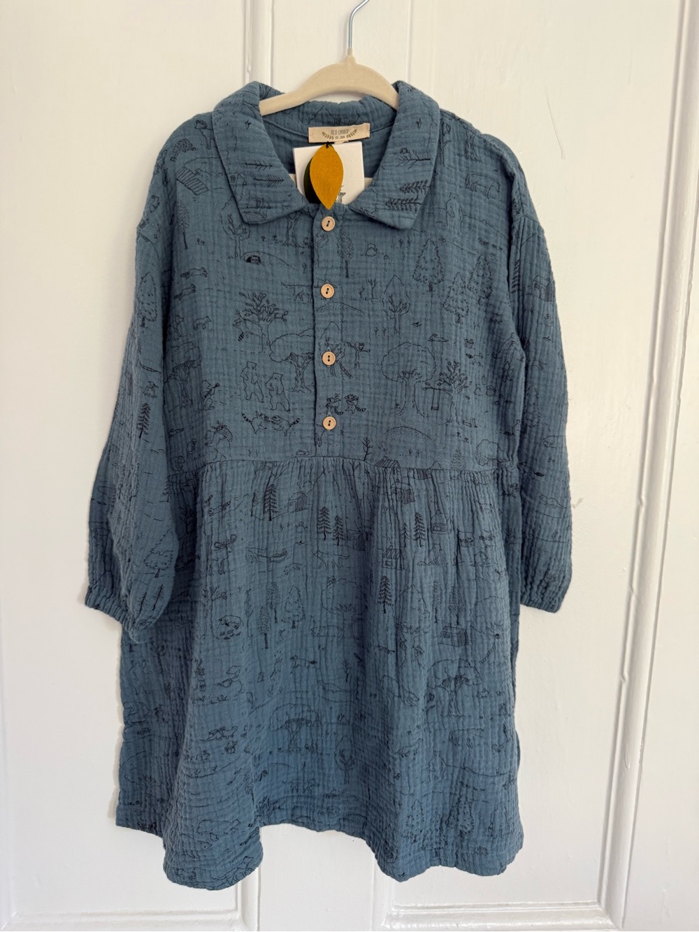 Kids Casual Blue Cotton Gauze Dress with Woodland Print